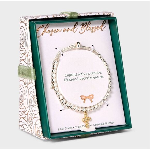 Silver Plated Two Tone Cubic Zirconia Cross Beaded Bolo Bracelet - Gold/Silver - Picture 1 of 5